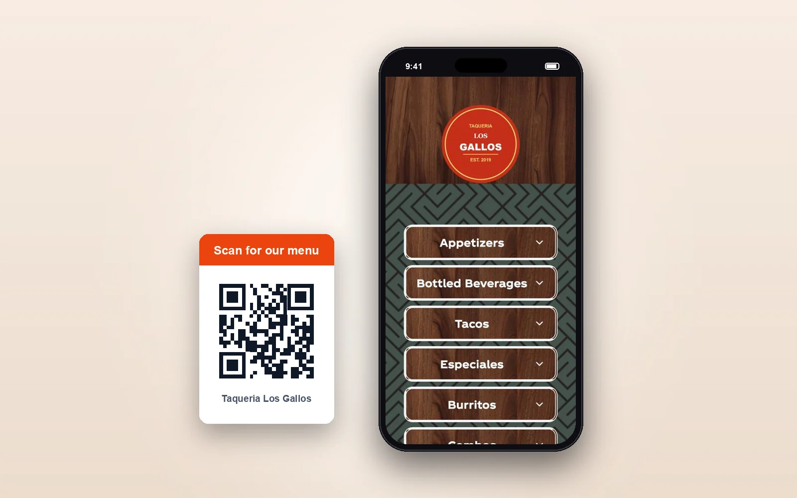 Our demo taqueria’s QR menu on a phone, in the same wood design as its web page, next to a Scan for our menu card