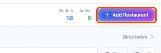 Sign in at app3.justamenu.com. You land on your Main Dashboard. To add a restaurant, click Add Restaurant at the top right.