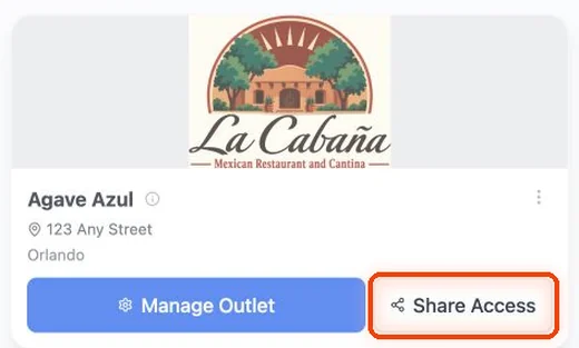 On your Main Dashboard, find the restaurant’s card and click Share Access.