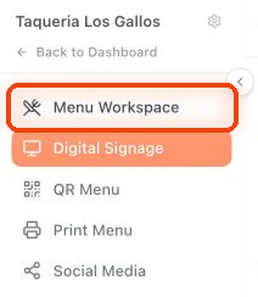 In the menu on the left, click Menu Workspace. A new restaurant opens on an empty workspace with Upload Menu.