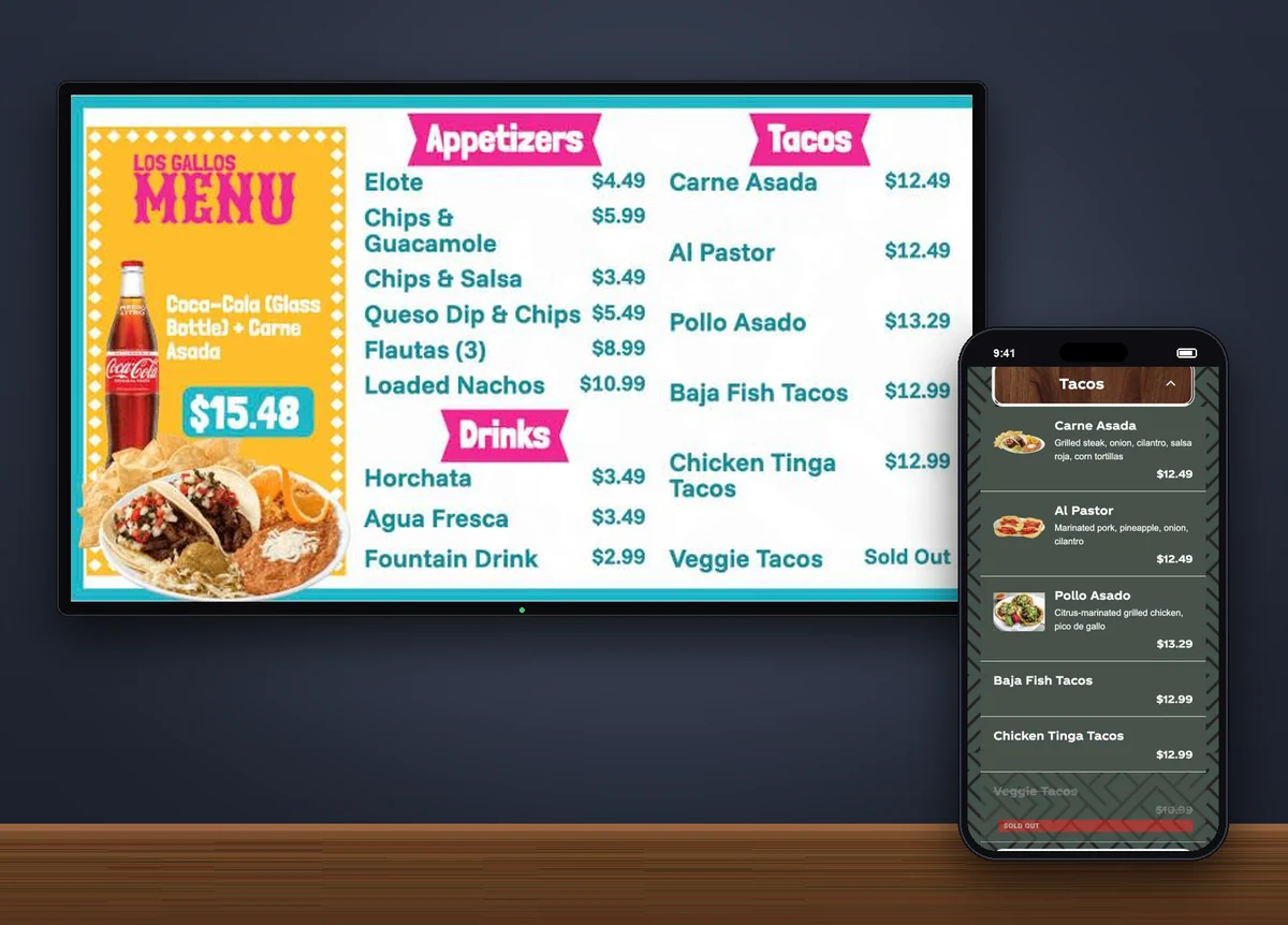 The same menu on a TV and a phone, with Veggie Tacos sold out on both