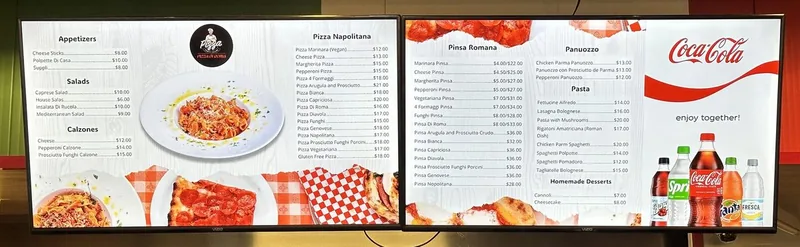 Two finished menu boards at Pizza Di Roma, with appetizers, salads, calzones, pizzas, pasta and a drinks panel