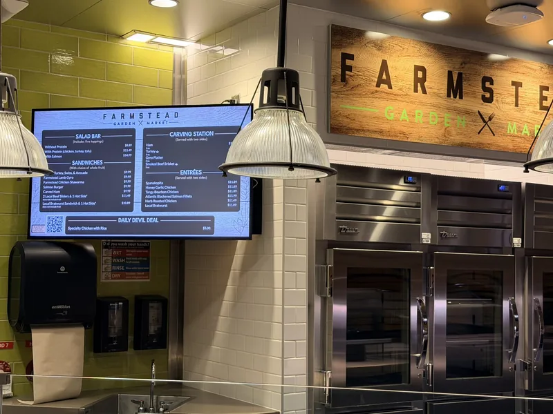 The Farmstead station at Duke University dining, with its menu board above the counter