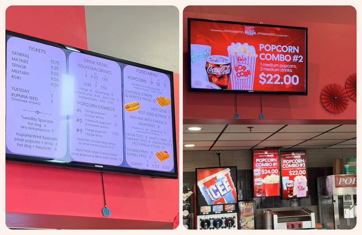 Cinema concession stand. Before: a plain text menu on a TV. After: a full-screen Popcorn Combo #2 slide for $22.00