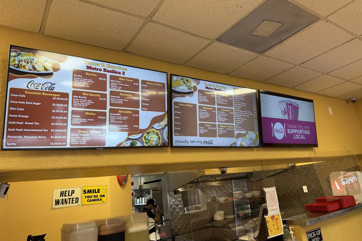 Three menu boards with burritos, mini tacos and Choice of Meat at Tacos & Burritos Metro Basilica 2 in Phoenix