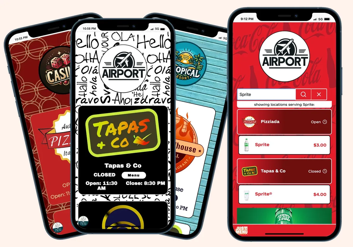 Four sample dining directories on phones: casino, airport, resort, and a Sprite search listing outlets, hours and price