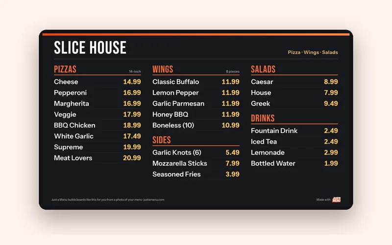 A dark three-column menu board template for a pizzeria, with pizzas, wings, sides, salads and drinks