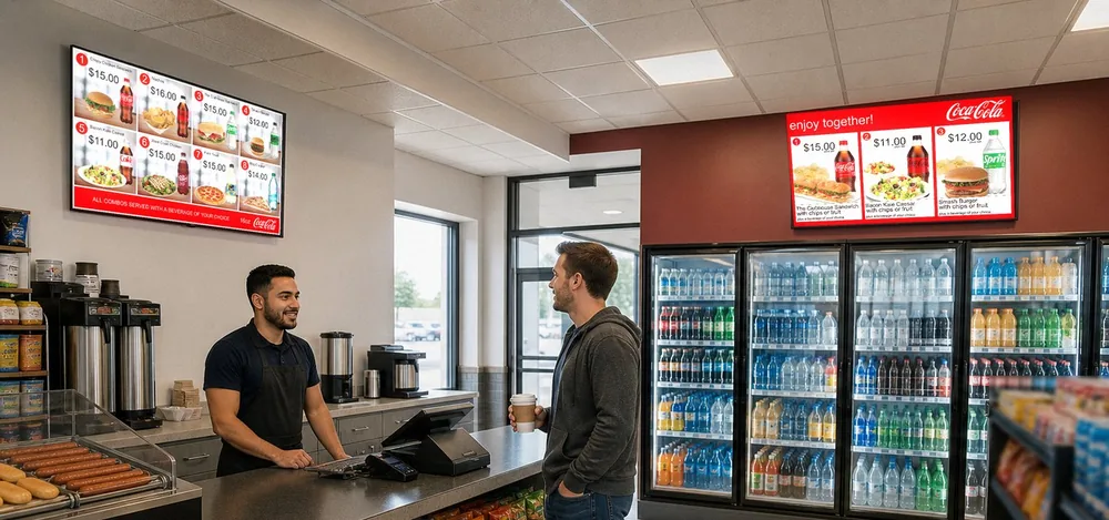Illustration of a convenience store: a TV over the counter and a TV over the drink coolers show real Just a Menu combo boards