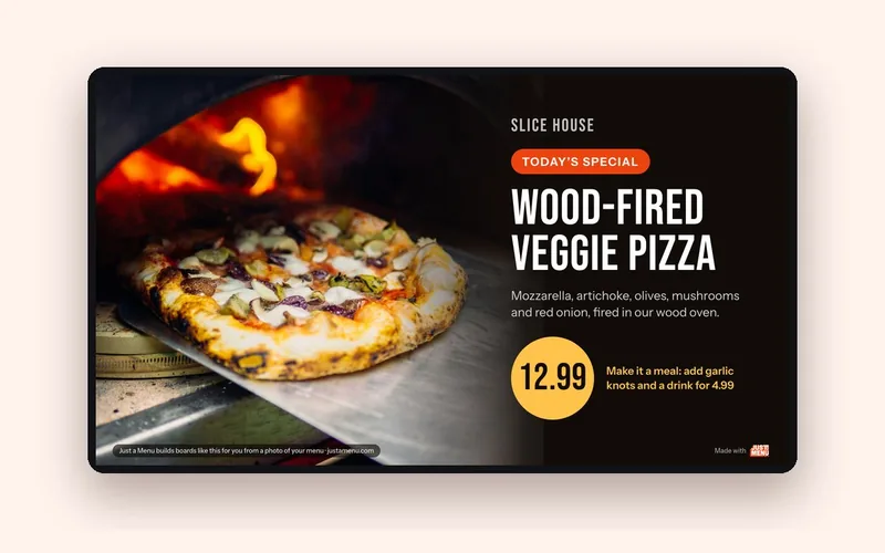 A special of the day menu board template: a wood-fired pizza photo, the dish name, a short description and a large price