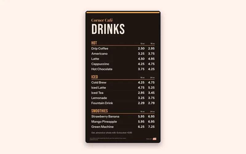 A tall portrait drinks board template with hot, iced and smoothie drinks in two sizes