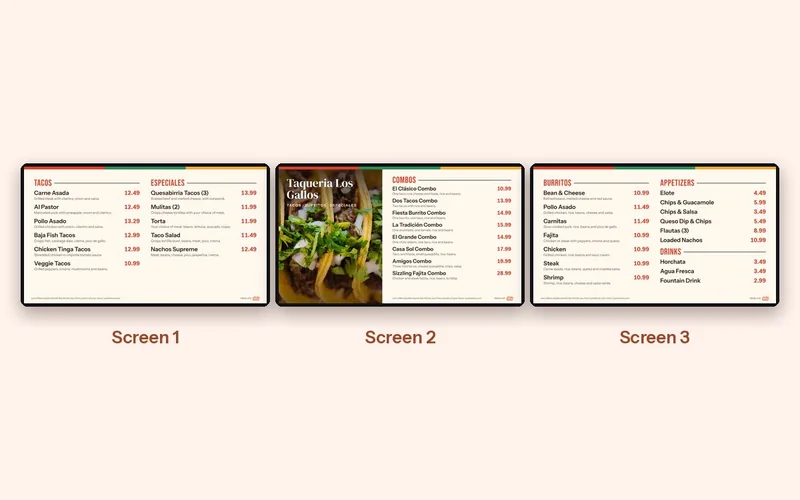 A three-screen taqueria menu board template in a row, with a taco photo and the combos on the middle screen