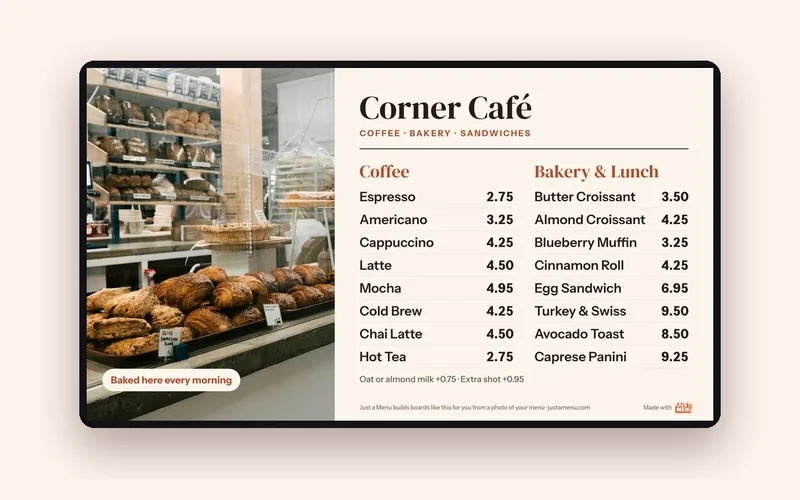 A light cafe menu board template with a large bakery photo on the left and coffee and bakery items on the right