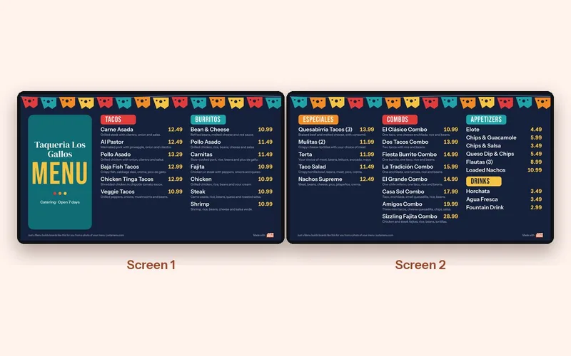 Two-screen taqueria template: tacos and burritos on screen 1; especiales, combos, appetizers and drinks on screen 2