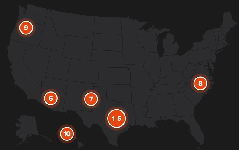 US map with pins: five Texas cities as 1 to 5, plus Phoenix, Portales NM, Durham NC, Warm Springs OR and Oahu, Hawaii