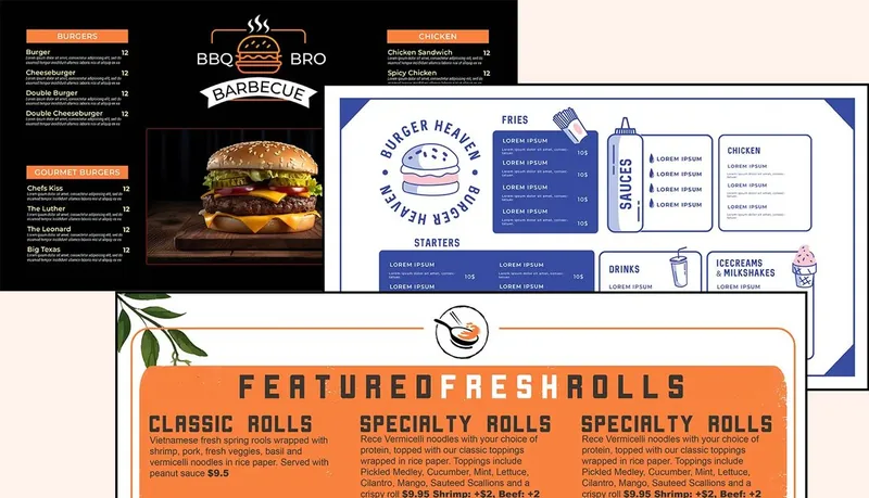 Three finished menu boards with each restaurant's logo at the top: barbecue, burgers and fresh rolls