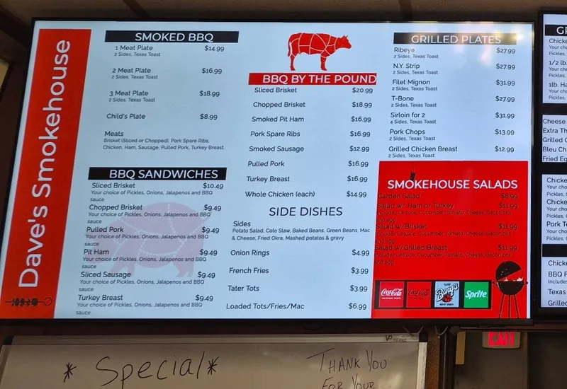 Dave's Smokehouse menu board: smoked barbecue plates, barbecue sandwiches, meat by the pound and side dishes