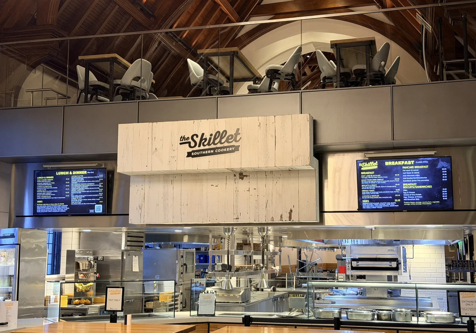 The Skillet station at Duke University dining, with a Lunch and Dinner menu board and a Breakfast menu board