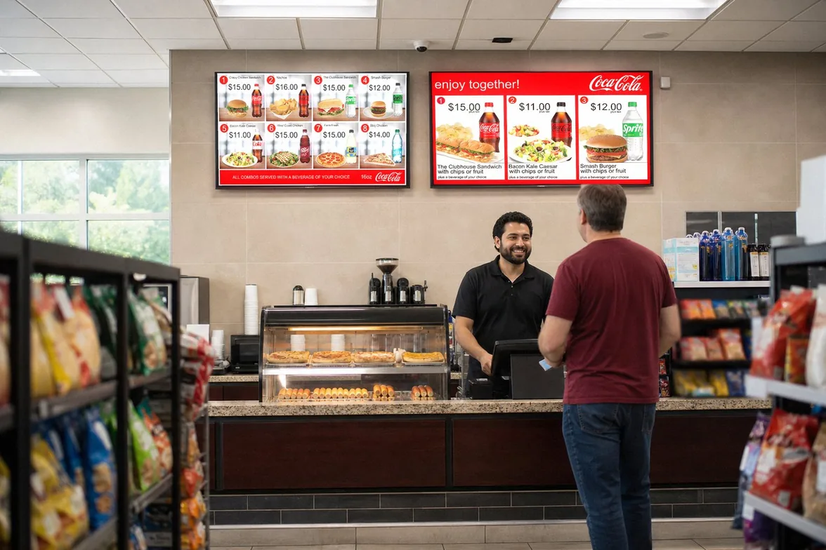 Illustration of a convenience store: two TVs over the counter show eight numbered combos and three enjoy together combos