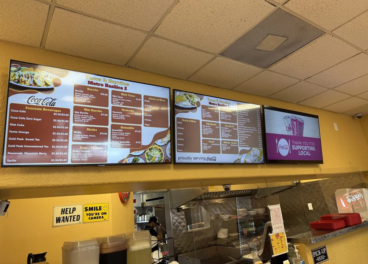 Tacos & Burritos Metro Basilica 2 in Phoenix: two menu boards and a Thank you for supporting local screen