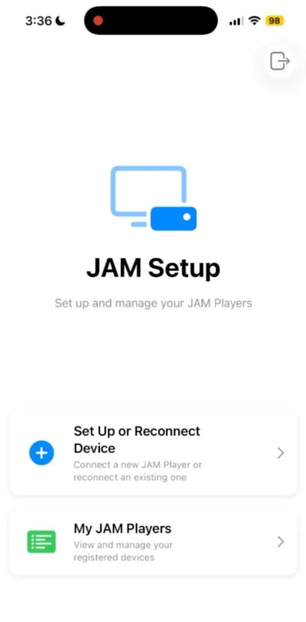 JAM Setup home: Set Up or Reconnect Device and My JAM Players