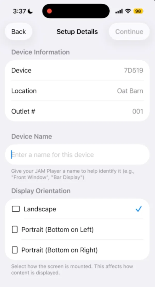 Setup Details: device name and display orientation