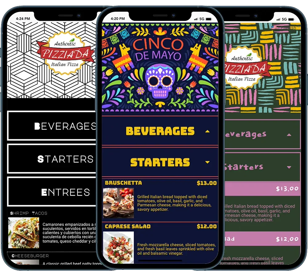One restaurant's QR menu in three looks on three phones: a black-and-white pattern, a Cinco de Mayo theme and a bright painted pattern