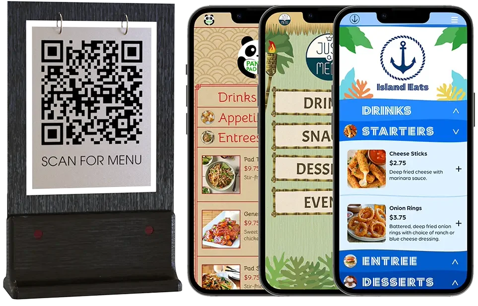 A Scan for menu table stand next to three different QR menus on phones, with food photos and drinks, starters and desserts sections