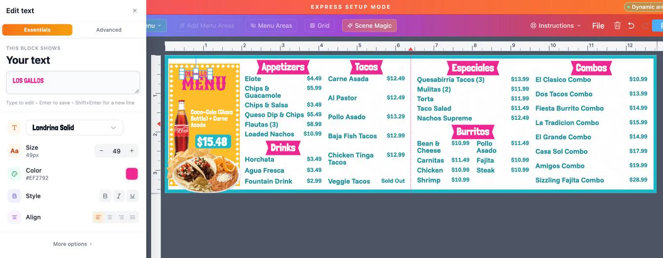 JAM Canvas with the Edit text panel open: font, size, color, bold, italic and alignment controls next to a taqueria menu design