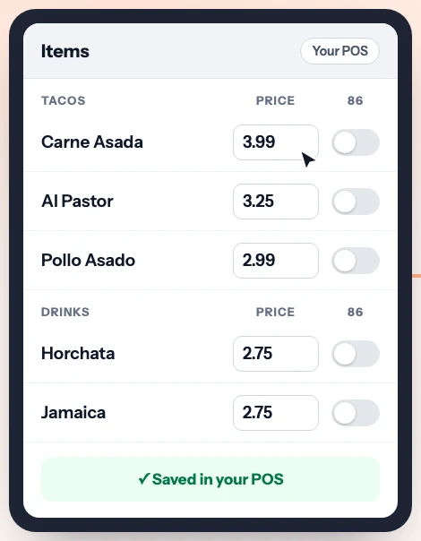 Illustration of a POS item list with prices and 86 switches