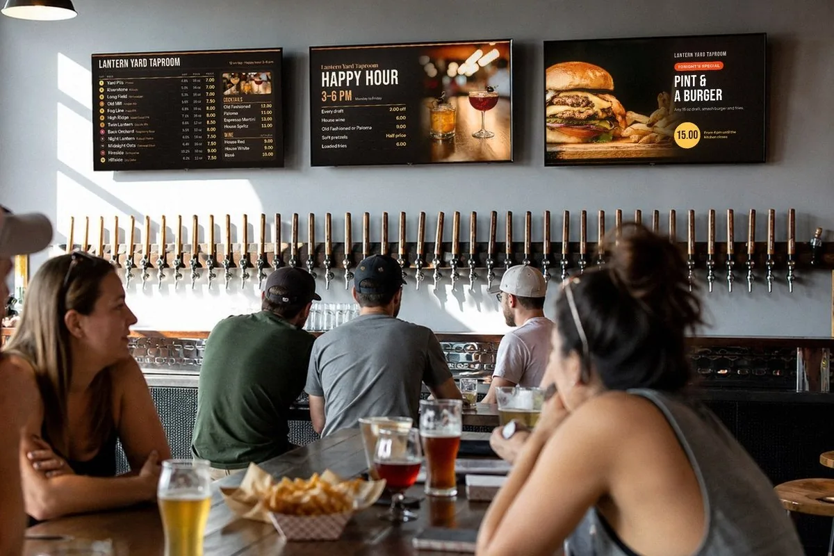 Illustration of a taproom: three menu boards on TVs above a long row of beer taps