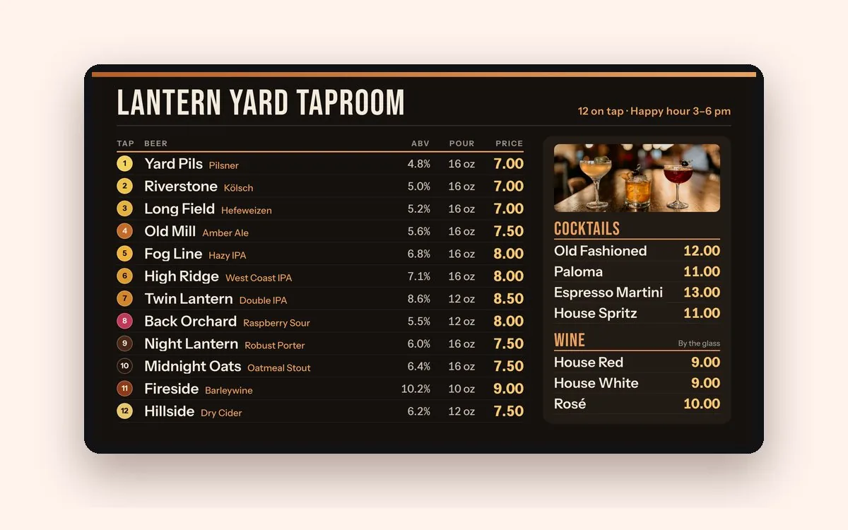 A wide digital beer menu board for a taproom: 12 numbered taps, each with beer name, style, ABV, pour size and price, and a side panel of cocktails and wine by the glass