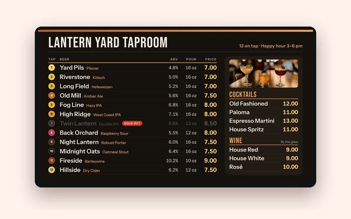 The same 12-tap beer menu board with tap 7, a double IPA, grayed out and marked Sold out, while every other tap is unchanged