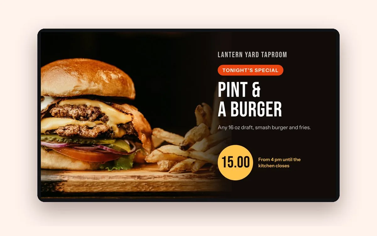 A special slide for a taproom: Pint and a Burger with any 16 ounce draft, smash burger and fries, a 15.00 price in a yellow circle, and a photo of a double cheeseburger with fries
