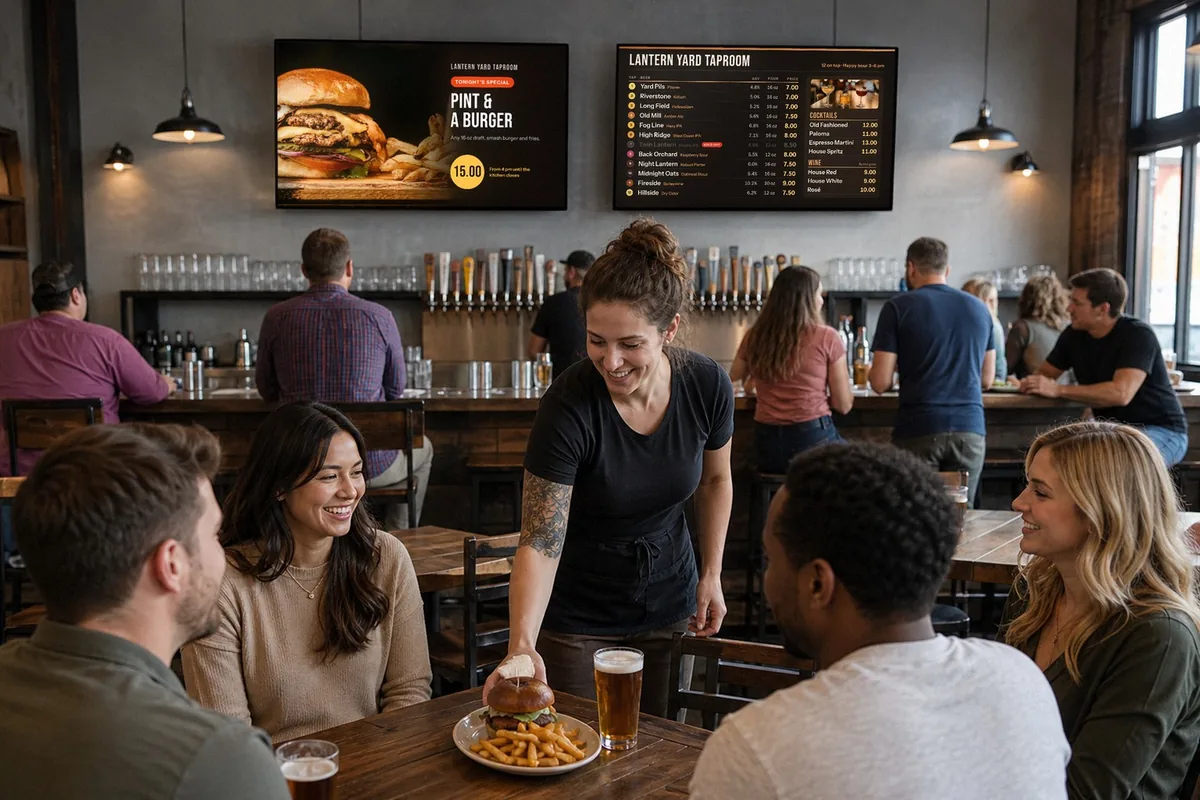 Illustration of a brewpub: a server sets down a burger and a pint while two TVs over the bar show a Pint and a Burger special and a tap list with one keg marked sold out