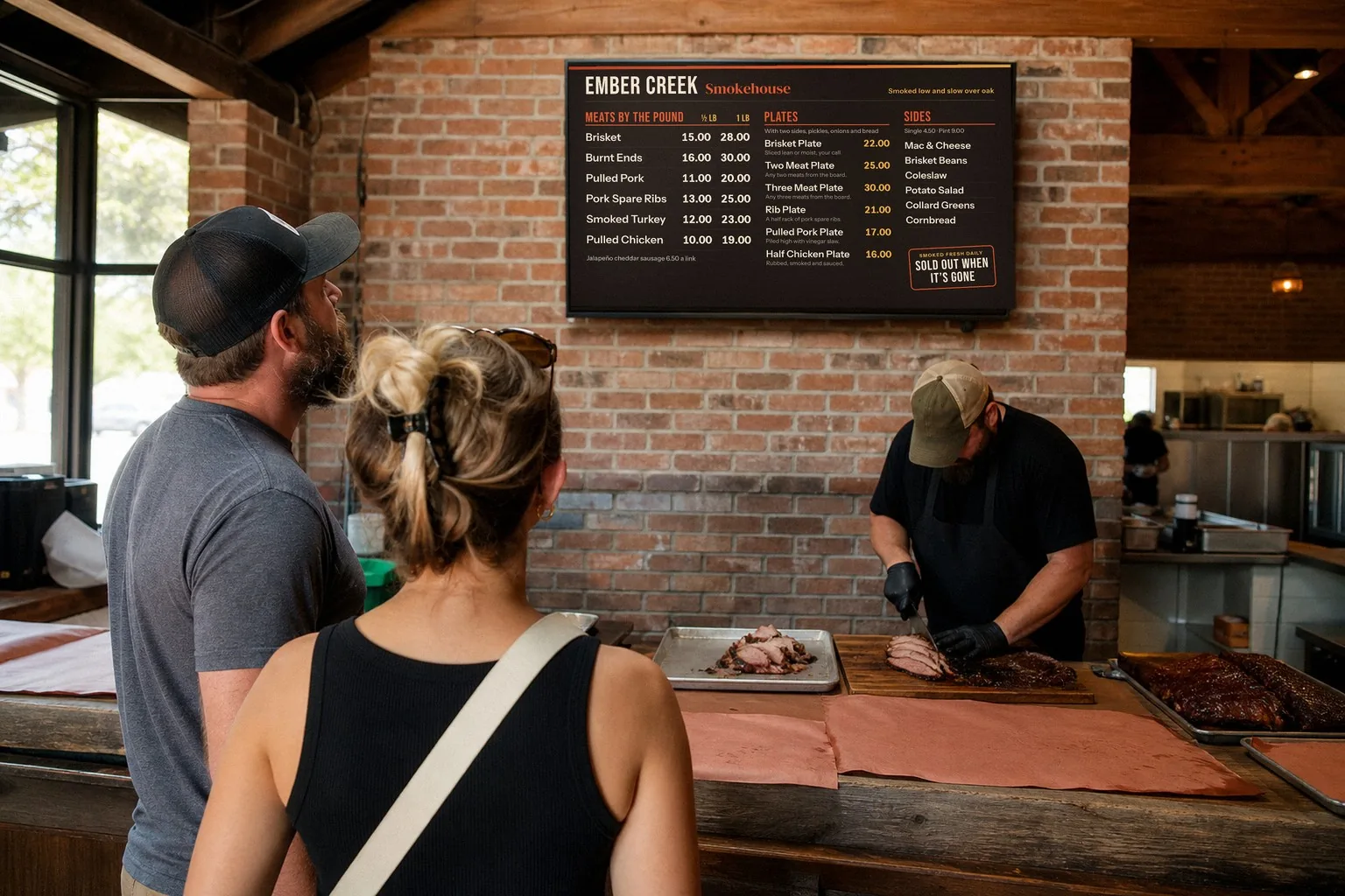 Illustration of a Texas BBQ counter: two guests look up at a smokehouse menu board with meats by the pound, plates and sides and a Sold out when it’s gone badge, while a pitmaster slices brisket
