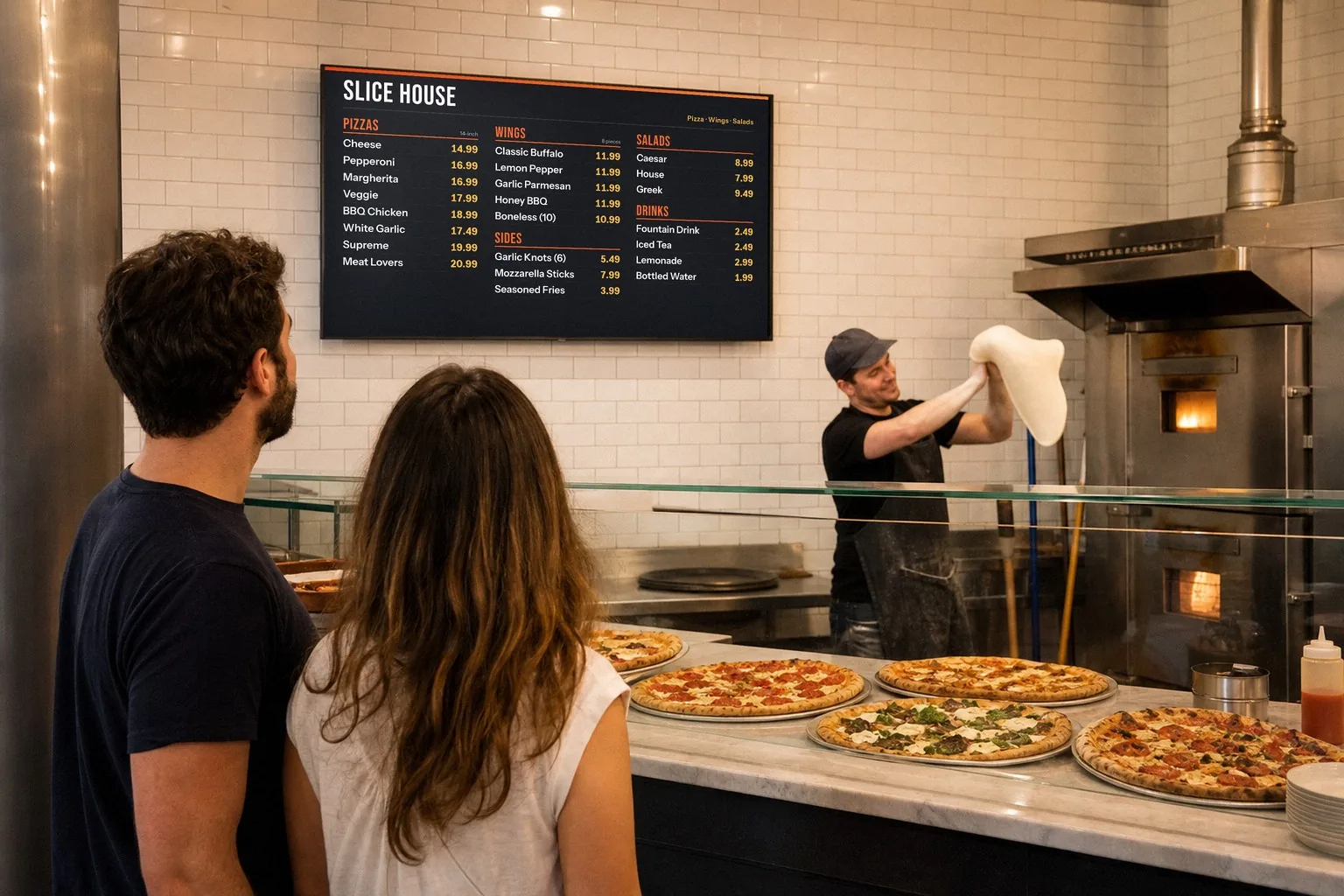 Illustration of a pizza slice shop: two guests look up at a wide TV menu board high on the wall listing pizzas, wings, salads, sides and drinks, while a cook tosses dough behind the counter