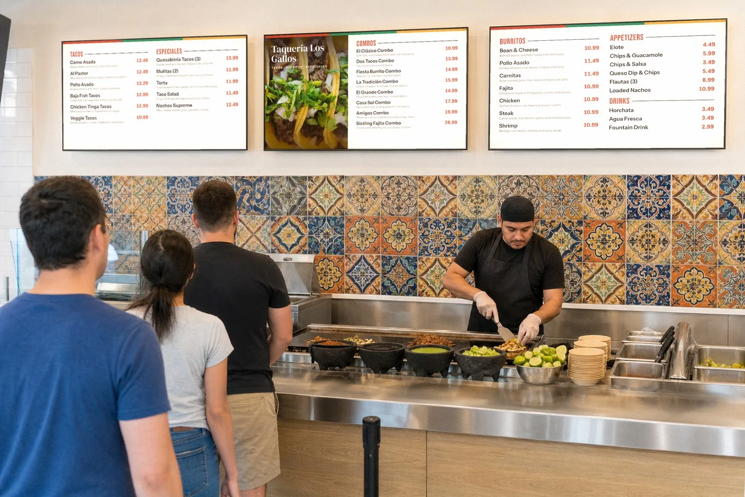Illustration of a taqueria counter with three TVs in a row above it showing tacos, combos, burritos and drinks, while guests wait in line to order