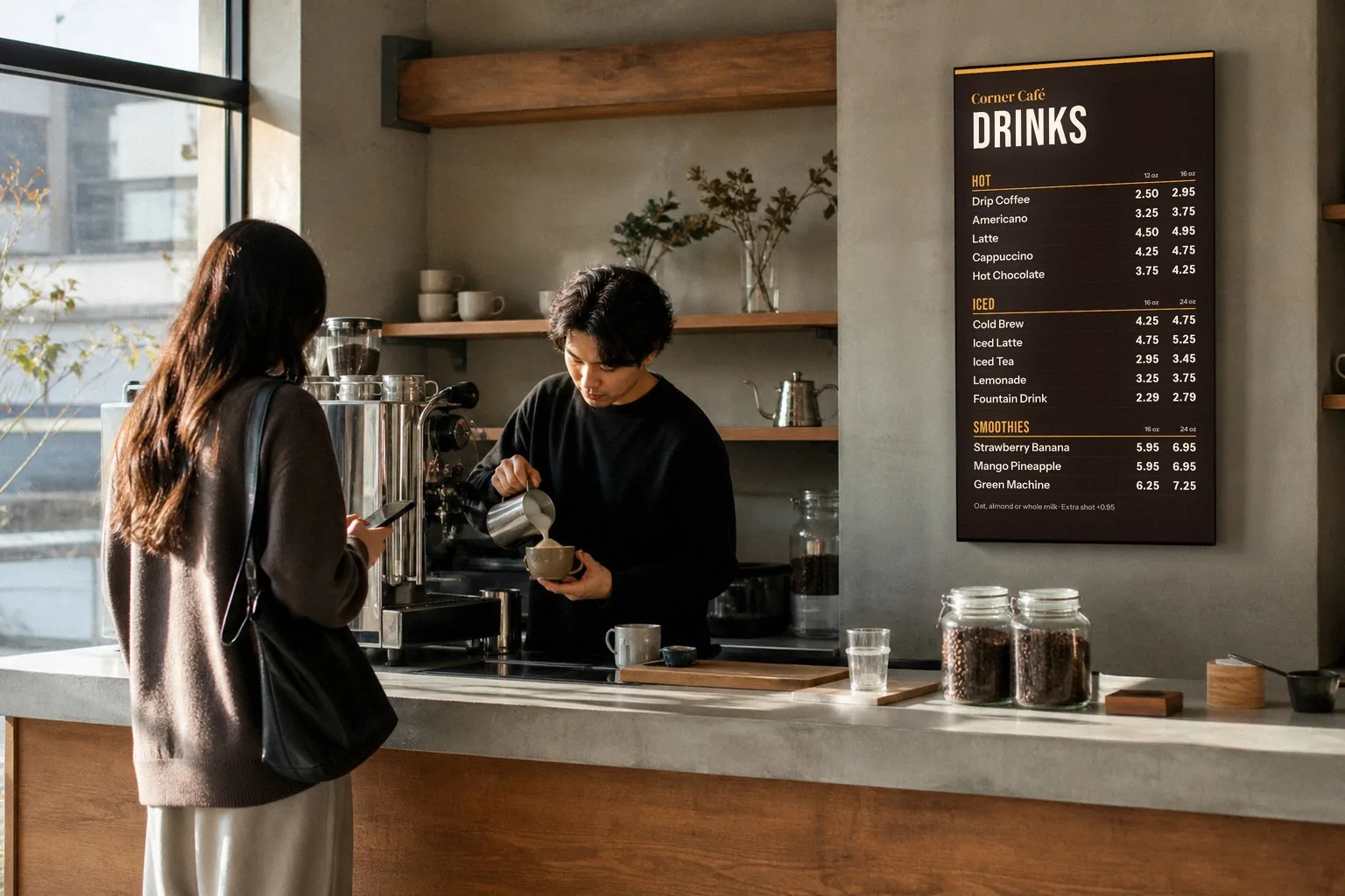 Illustration of a coffee bar: a barista pours a latte for a guest at the counter, under a tall TV drinks board with hot drinks, iced drinks and smoothies in two sizes each