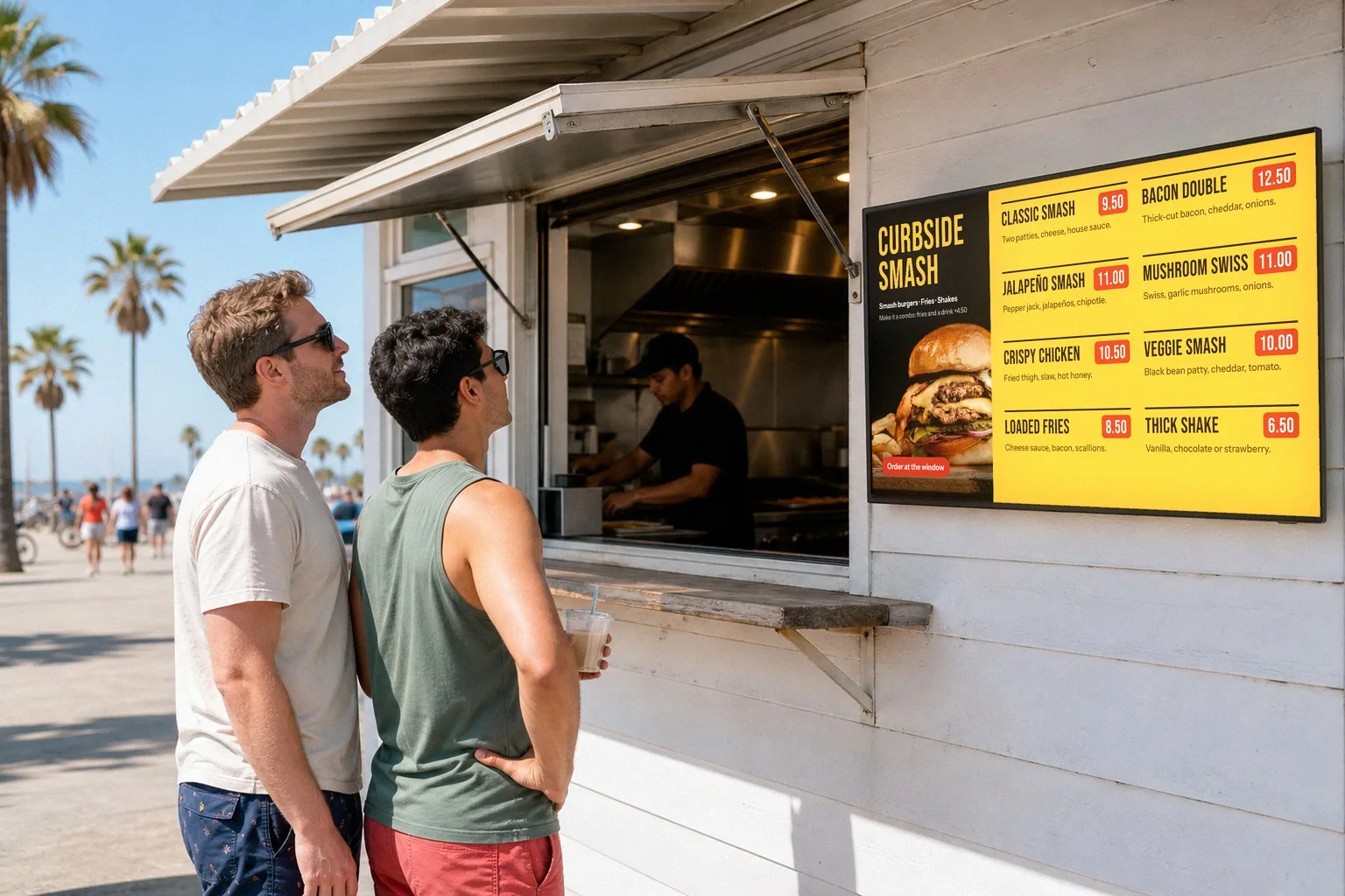 Illustration of two guests reading a wide burger menu board with prices next to a beach burger stand’s order window