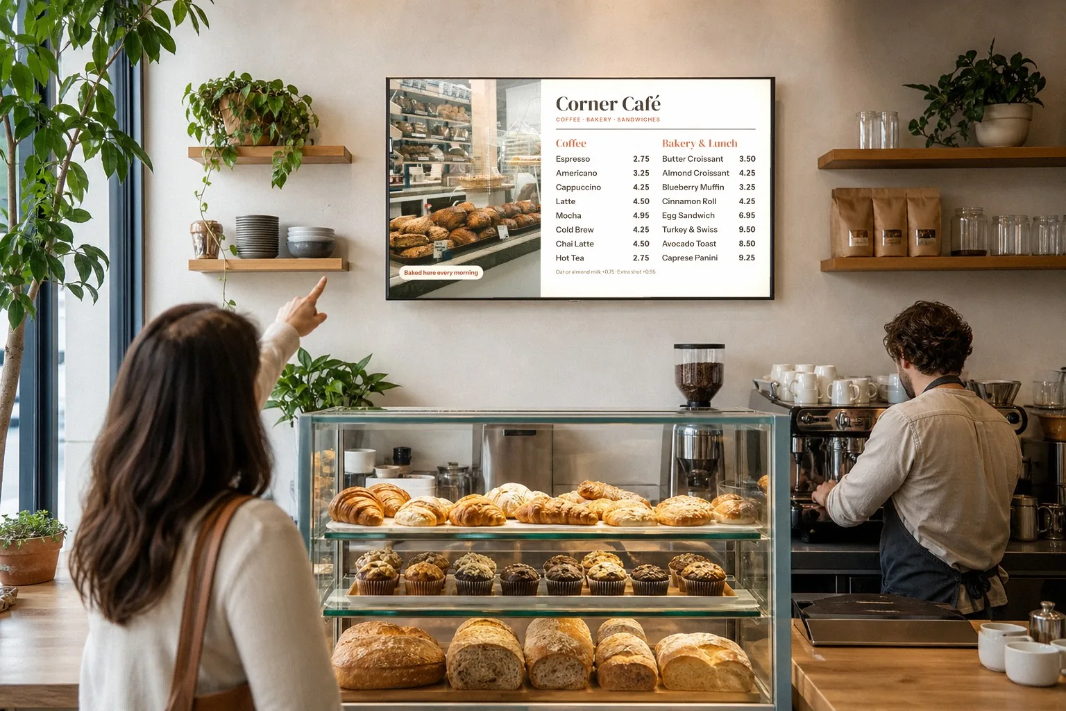 Illustration of a bakery café: a guest points at a wide TV menu board with a pastry photo, a coffee list and bakery and lunch items, above a pastry case