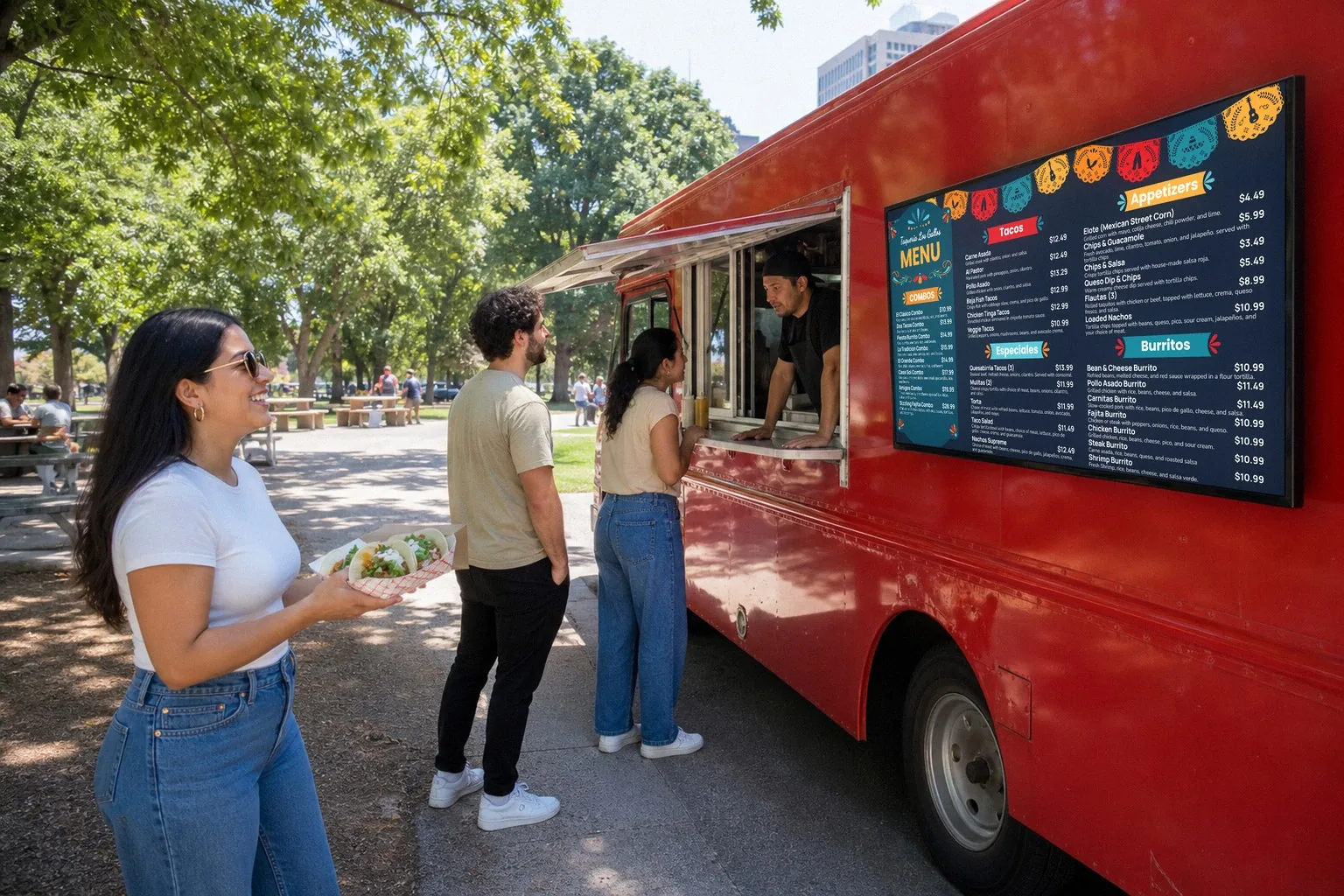 Illustration of a red taco truck in a sunny park: guests line up at the window beside a wide menu board listing tacos, appetizers and burritos
