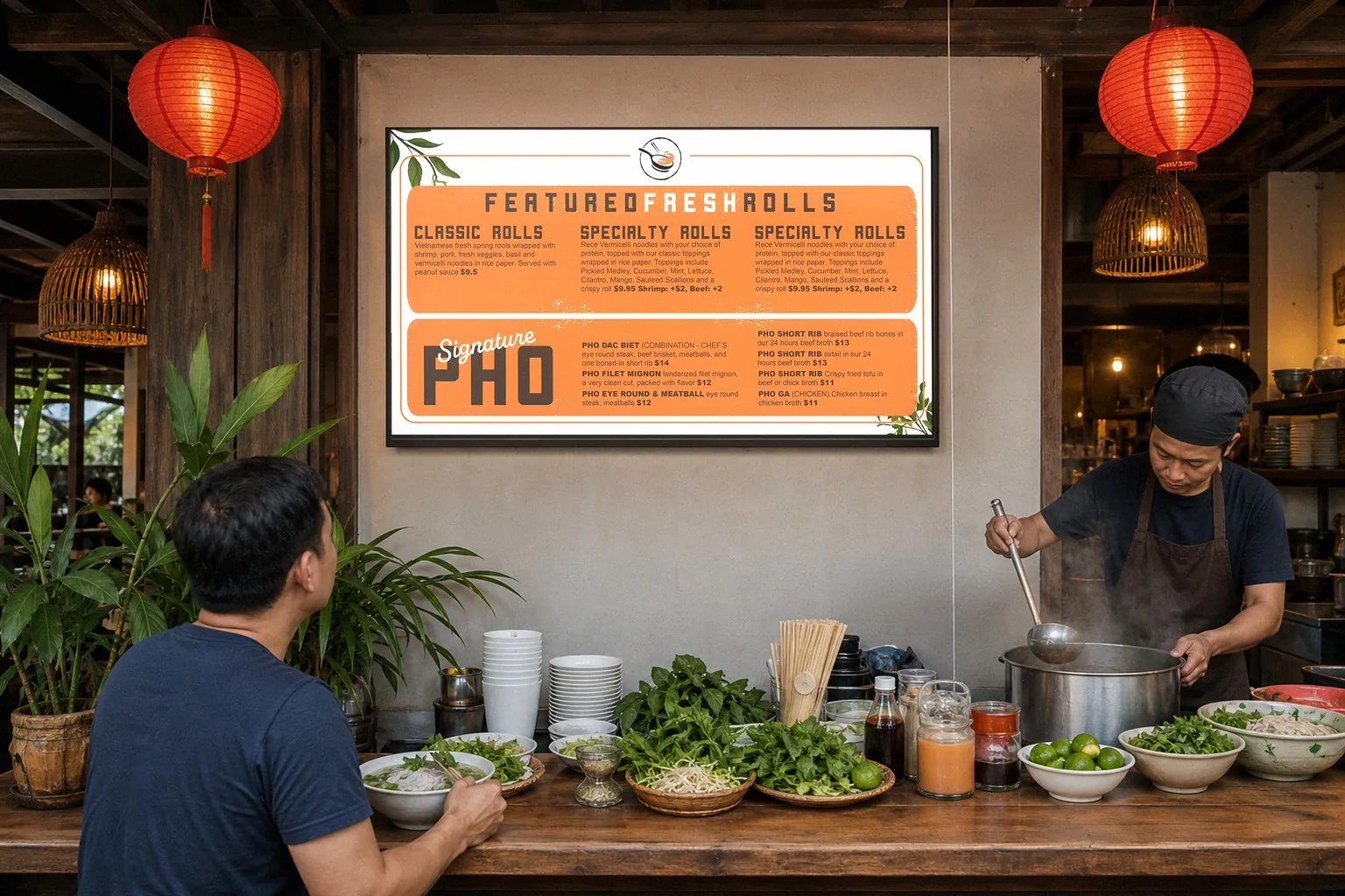 Illustration of a Vietnamese noodle shop: a wide TV menu board with fresh rolls and signature pho hangs over the counter while a cook ladles broth