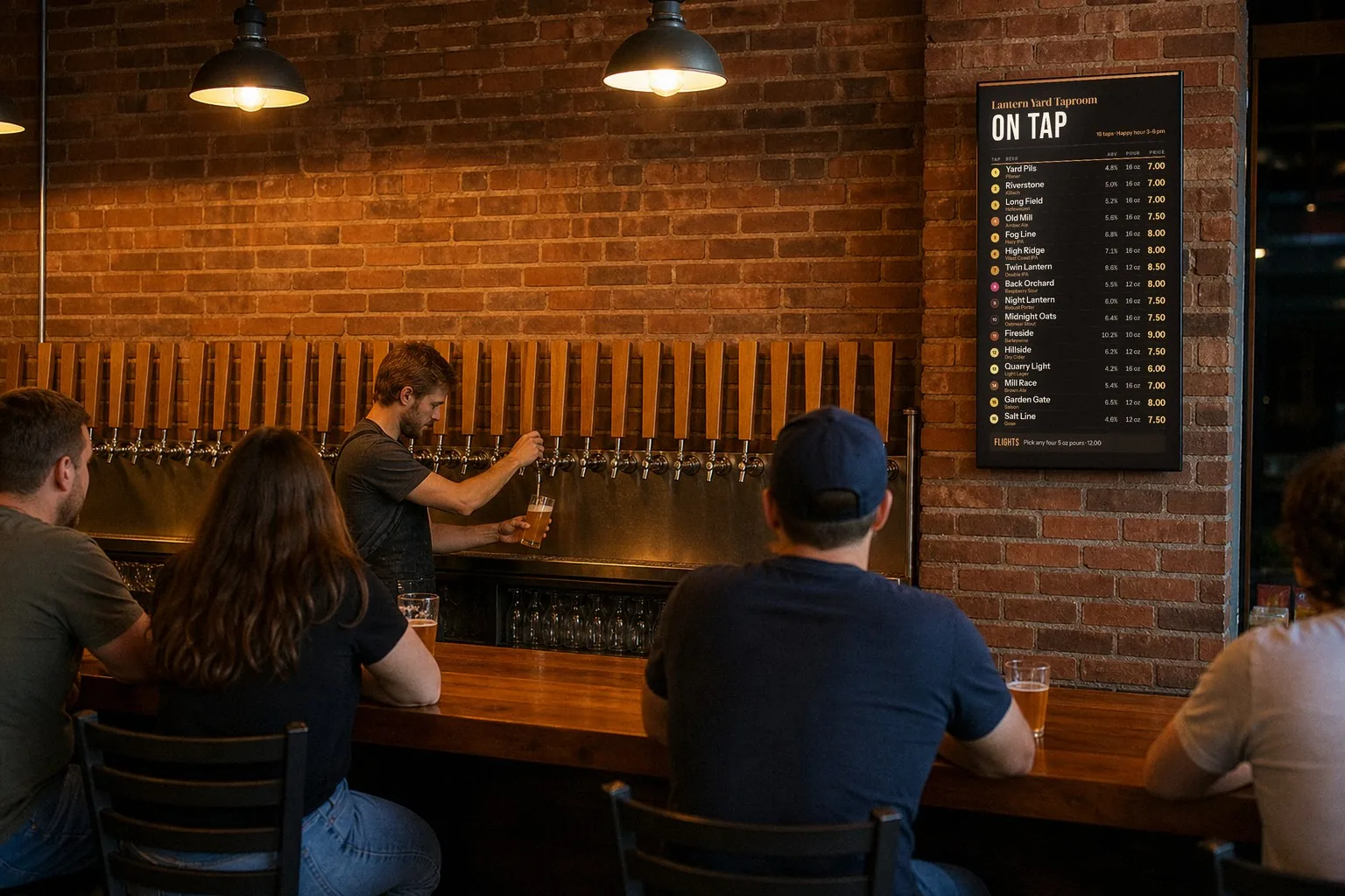 Illustration of a brick-walled taproom: a bartender pours a beer at a long row of wooden tap handles, next to a tall TV listing 16 beers with ABV, pour size and price, and a flights line at the bottom