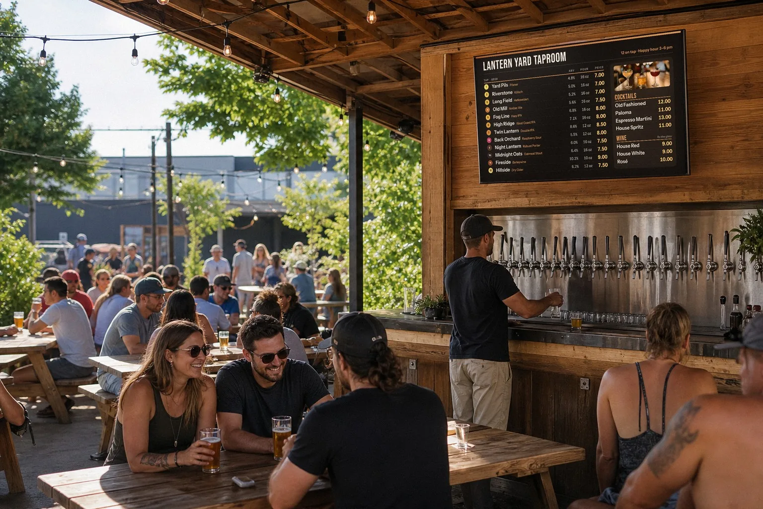 Illustration of a beer garden on a sunny afternoon: guests at picnic tables with pints, a bartender at a long row of taps, and a TV above showing a 12-tap beer list with cocktails and wine beside a photo of cocktails