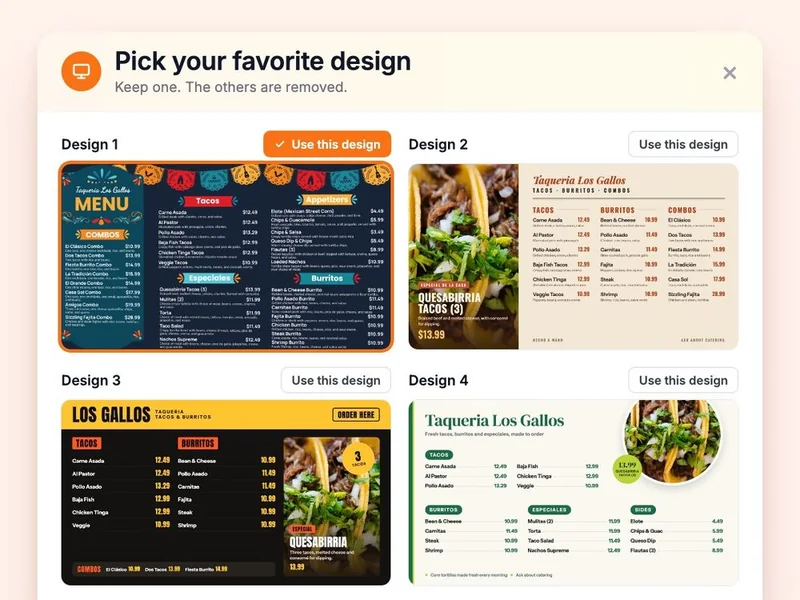 The Pick your favorite design window with four finished menu board designs