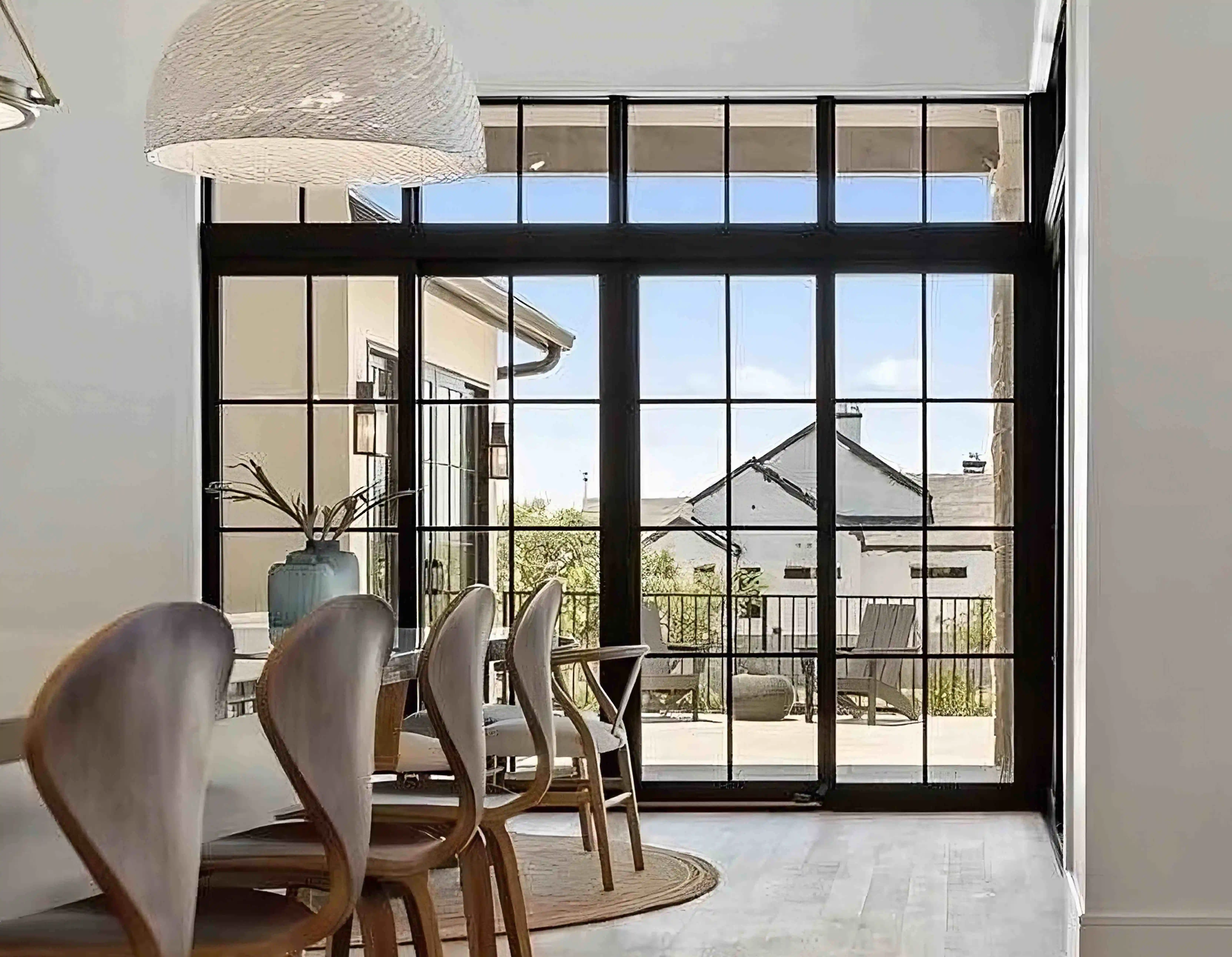 in the living room of a modern home, looking over furniture to a large glass and black iron wall looking over the back yard