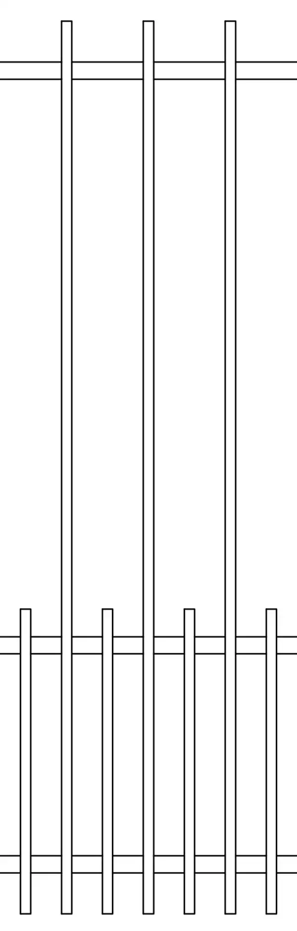 a line drawing close up of a iron simple fence with shorter rods in-between each main fence rod