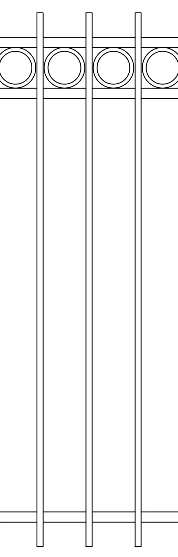 a line drawing close up of a iron simple fence with circle details at the top in between each main fence rod