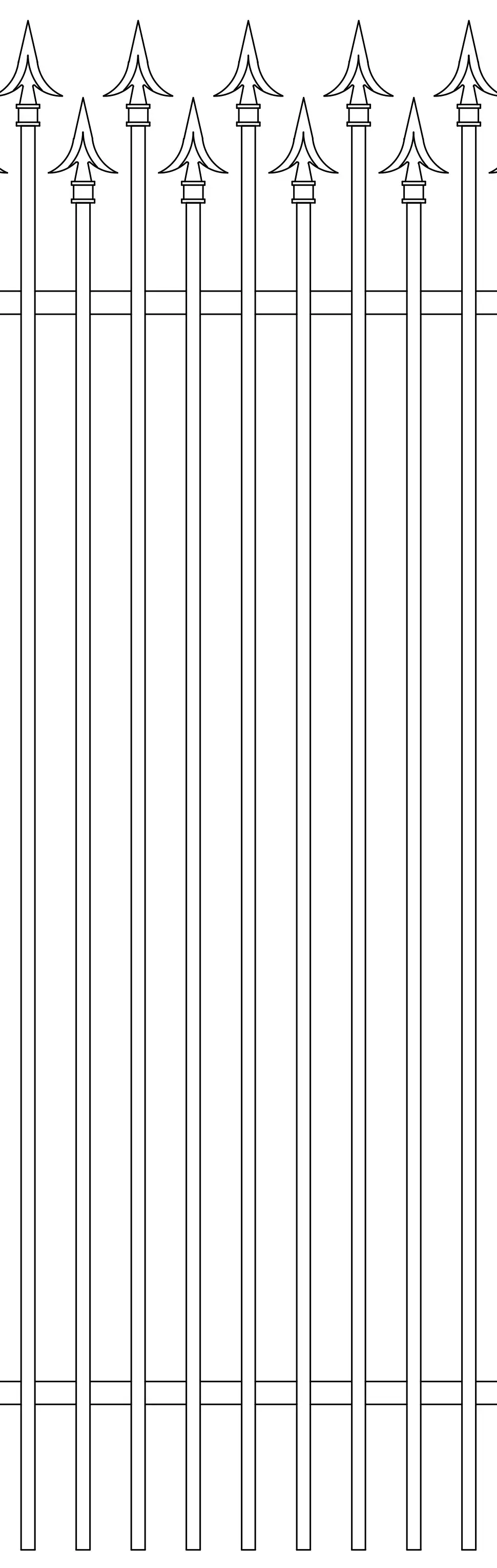 a line drawing close up of a iron simple fence with slightly shorter rods in-between each main fence rod