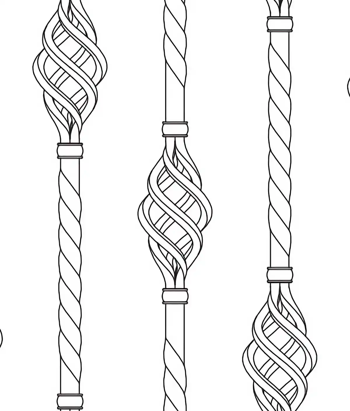a close up of a line drawing of fence rods with a twist detail on each rod 